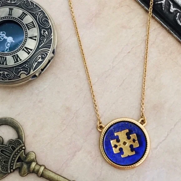 TORY BURCH • Blue Lapis Semiprecious Stone Necklace Earrings Matching Logo Set